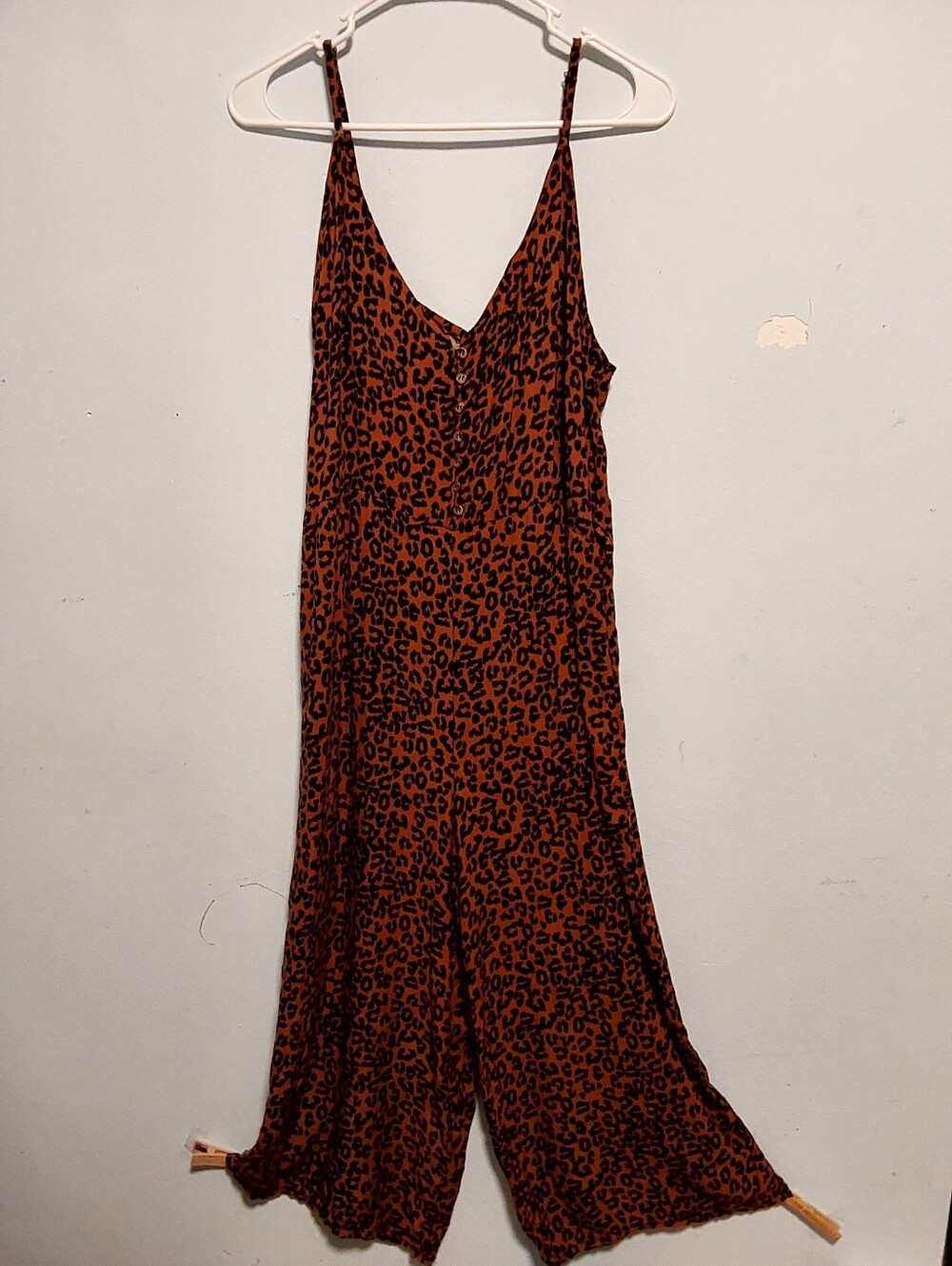 American Eagle Spaghetti Strap V Neck Jumpsuit Dress Brown Leopard Print M Italy